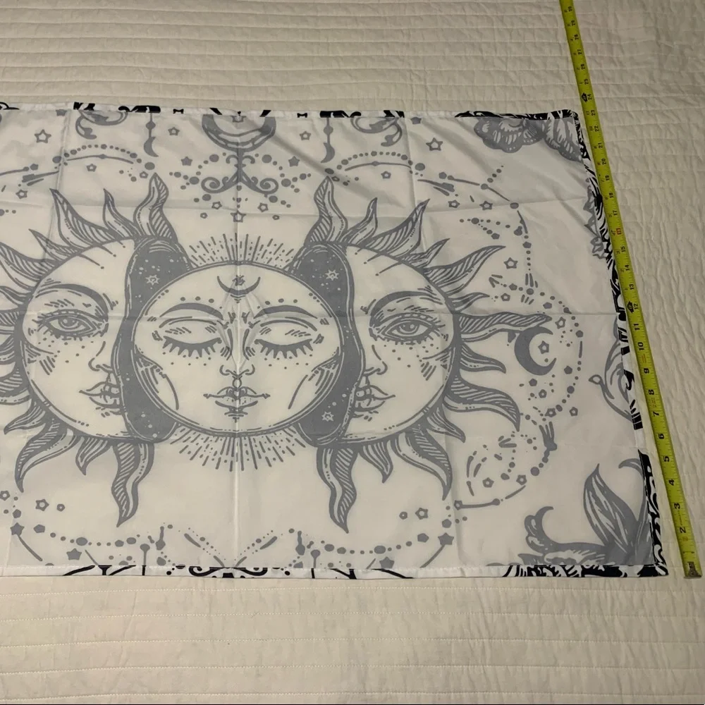 White And Black Tapestry Moon Plases Sun Solar Face Star Floral Ray Eclipse Half
